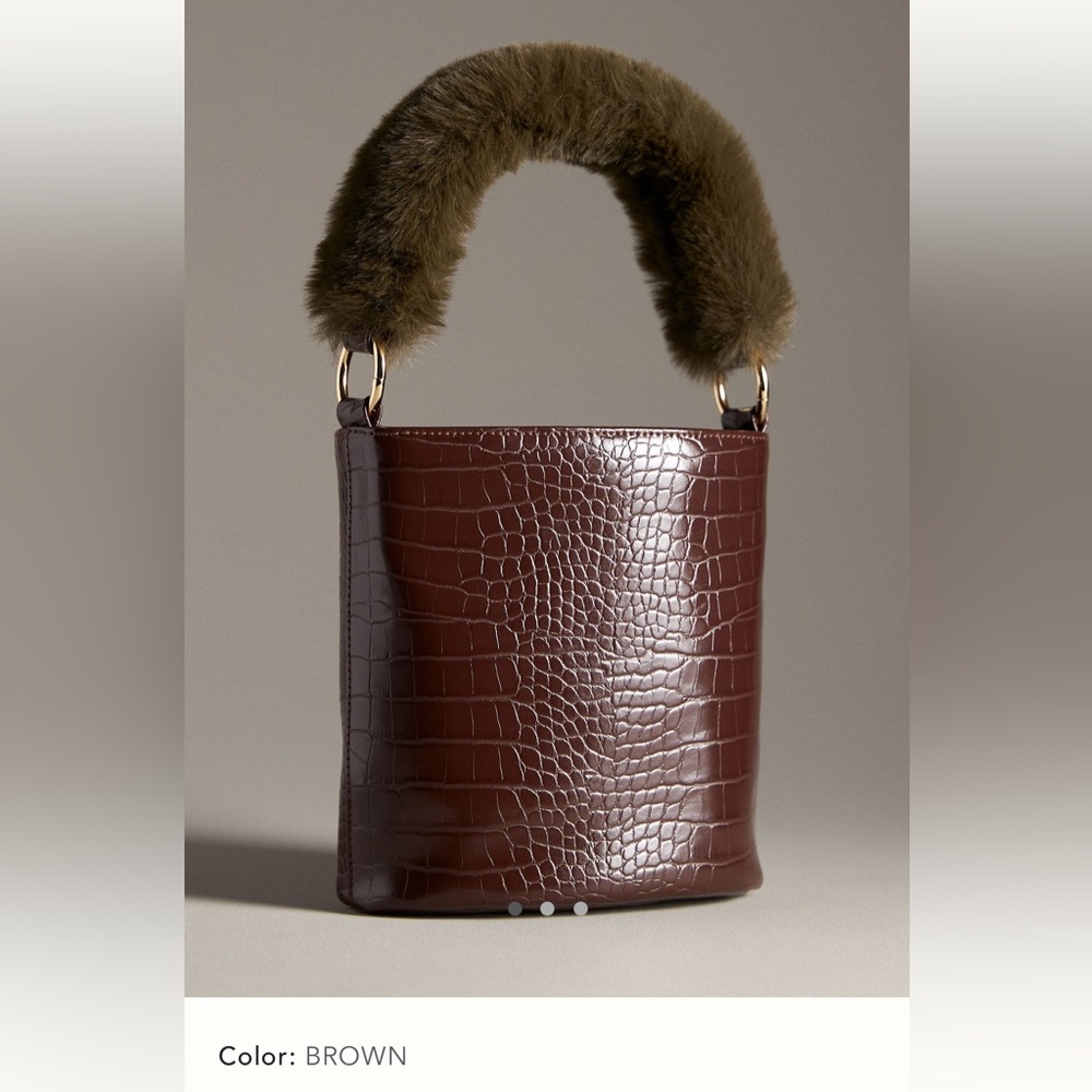 New Anthropologie faux fur handle croc bucket bag green brown faux leather